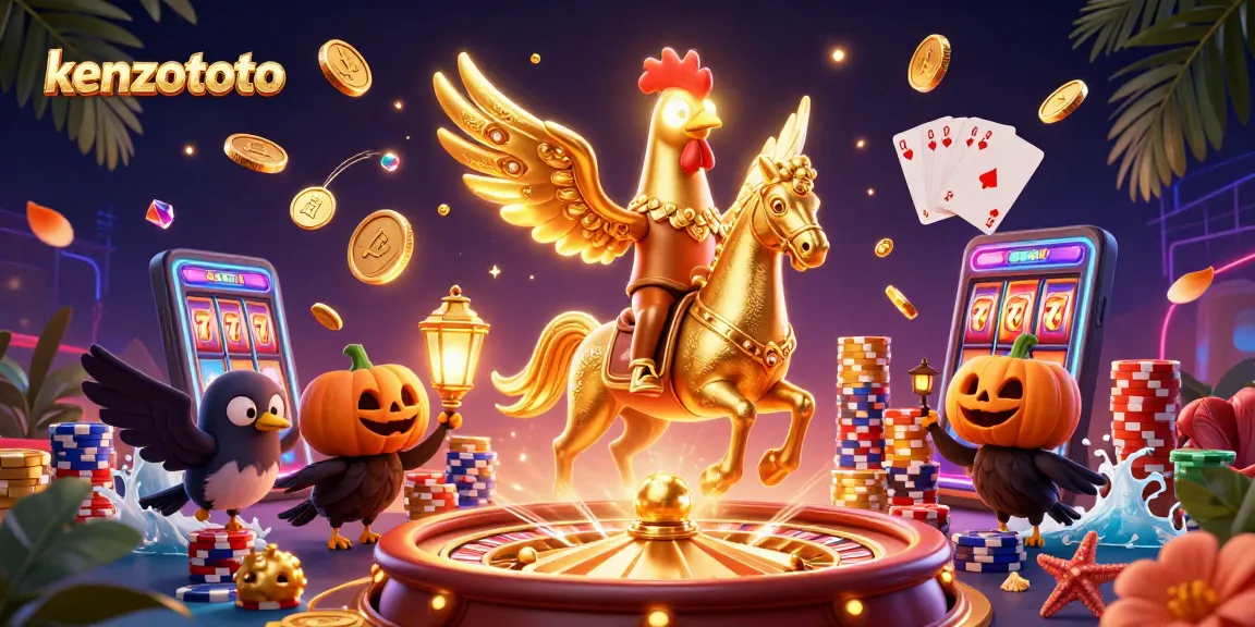 Menang di kenzototo dengan jackpot mengagumkan, simbol keberuntungan, dan suasana kasino yang meriah.