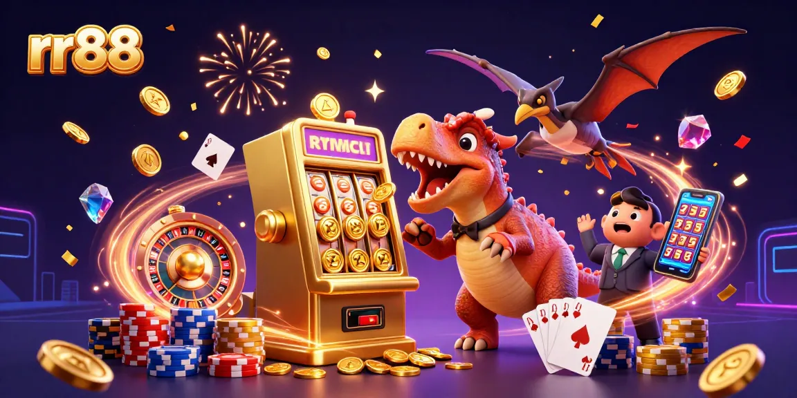 Experience the excitement of rr88, featuring a pachycephalosaurus hitting a slot machine for jackpot coins.
