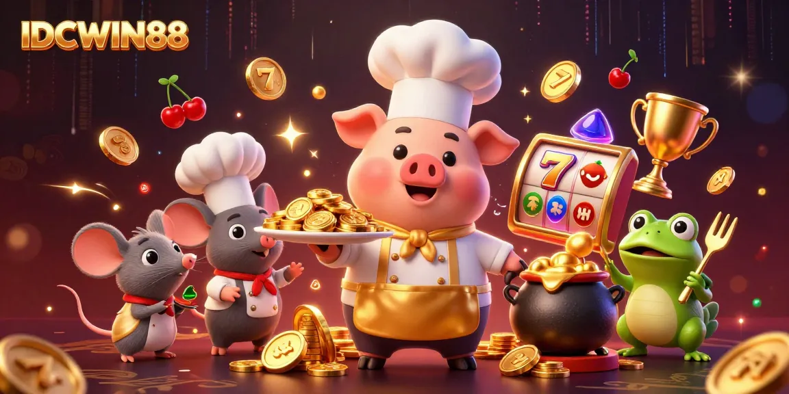 Experience the thrilling atmosphere of IDCWIN88 slots as chef pig serves golden coins in this cinematic illustration.