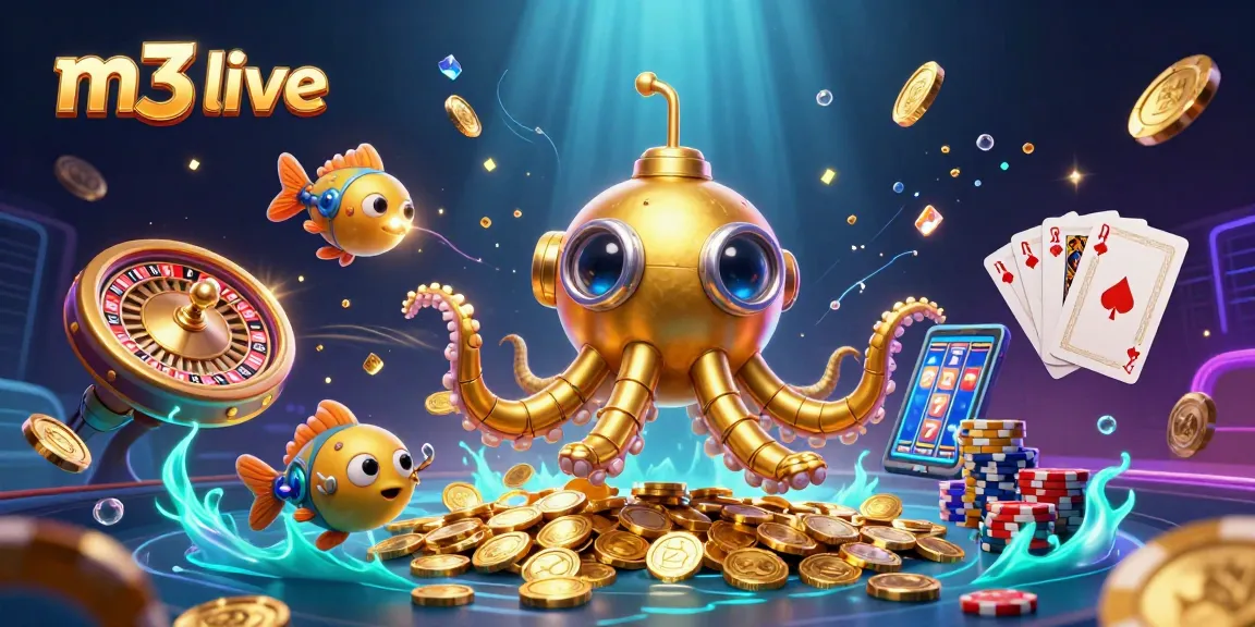 Engage with m3 live gaming action in a vibrant underwater casino scene filled with gold coins and slot machines.