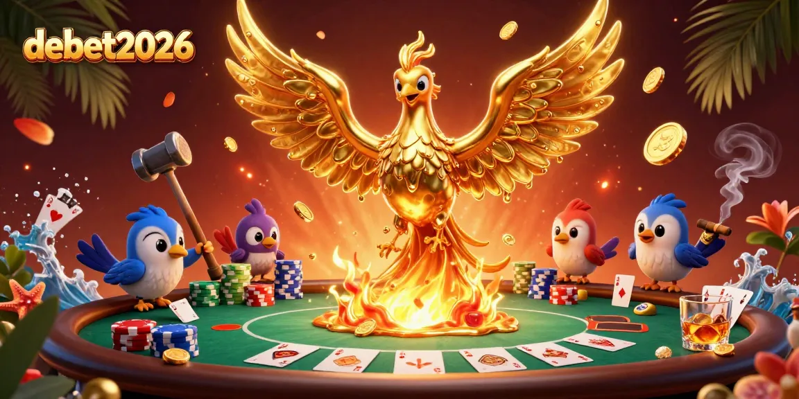 Experience the thrill of debet2026 with a golden phoenix rising from the forge surrounded by poker elements.