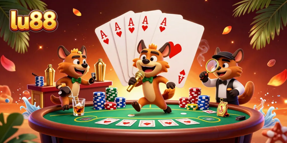 Engaging scene of lu88 with hyenas in a comedy casino club, illustrating poker excitement