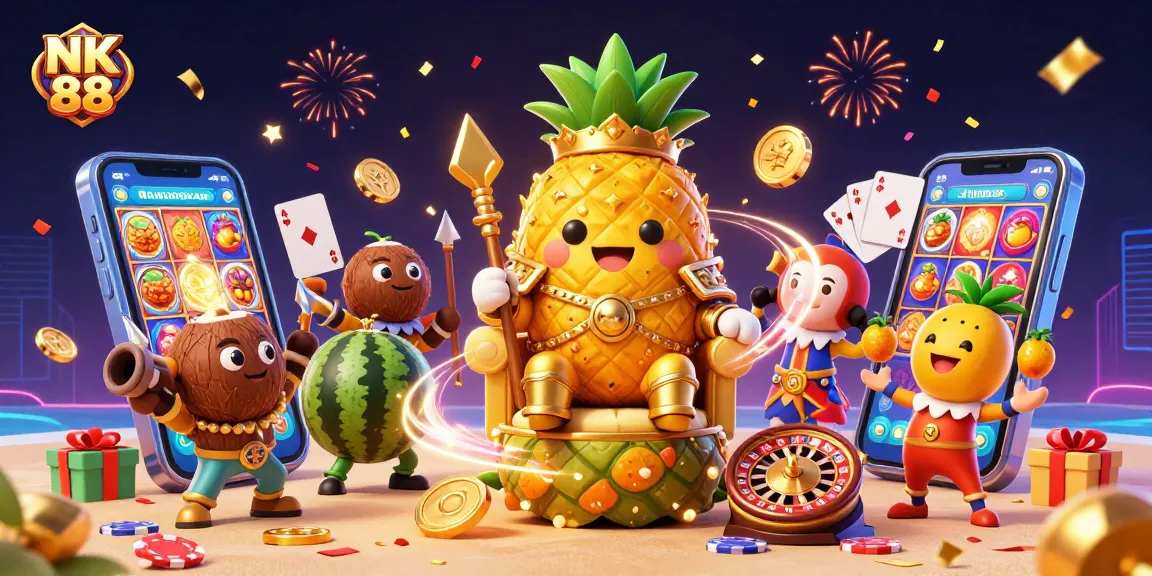 Join the fun at NK 88 with a vibrant casino scene featuring a pineapple king, slot games, and more.