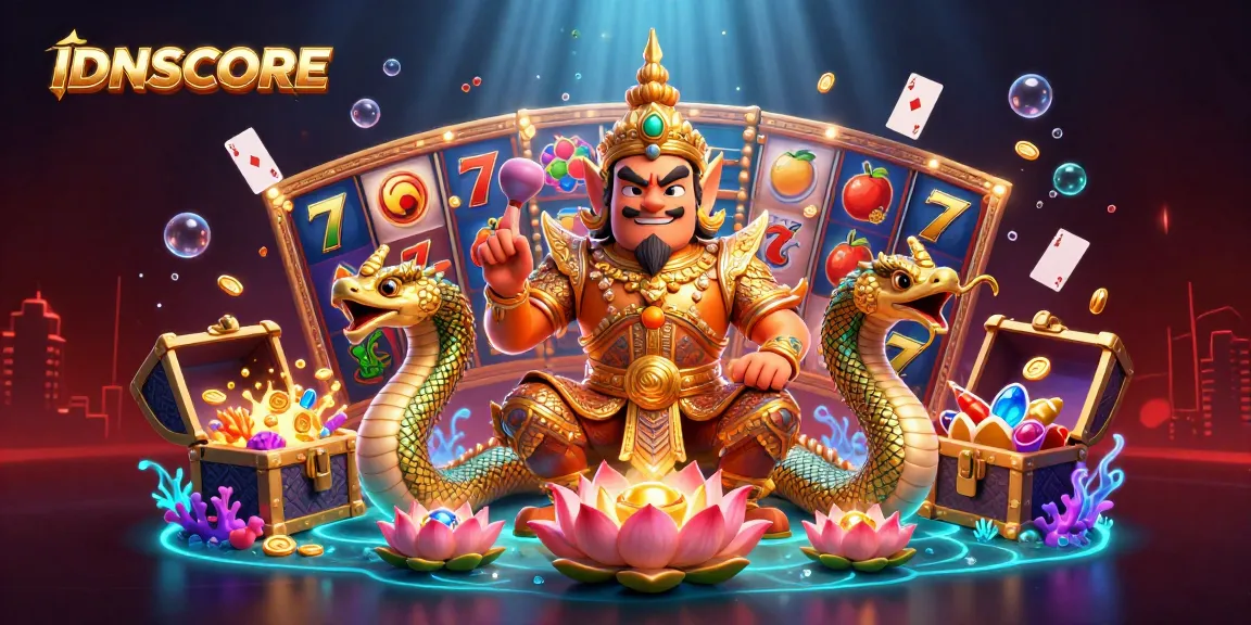 IDNSCORE elevates your gaming with vibrant jackpot slots, guardians, and treasure in a rich casino environment.
