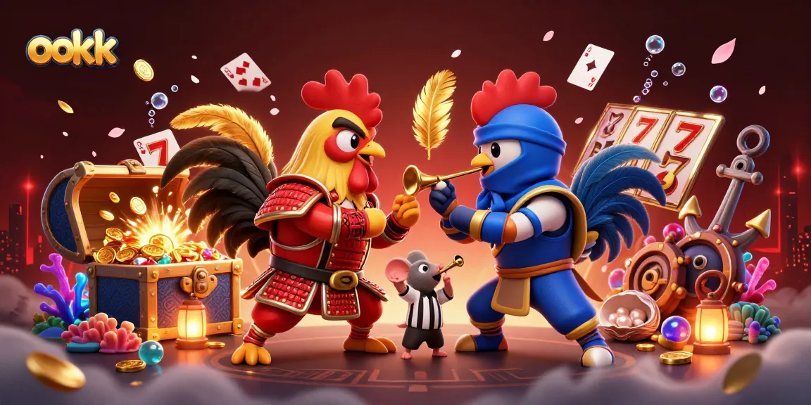 Join the thrilling action at ookk with battling roosters and vibrant casino elements!