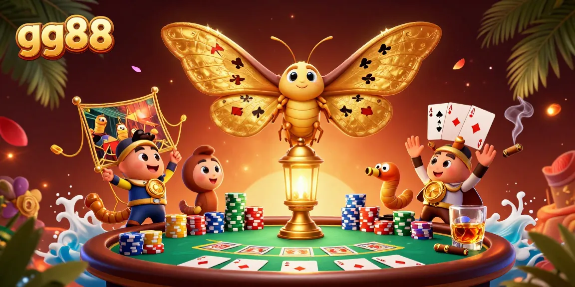 Play and win at gg88 with vibrant casino scenes featuring poker elements, moth, and golden details.