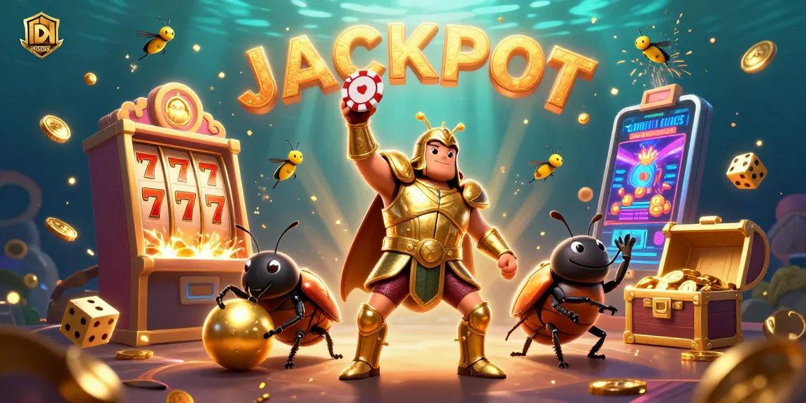 Experience the excitement of IDNSCORE with a dynamic 3D scene showcasing a victorious beetle, jackpot elements, and a colorful casino lobby.