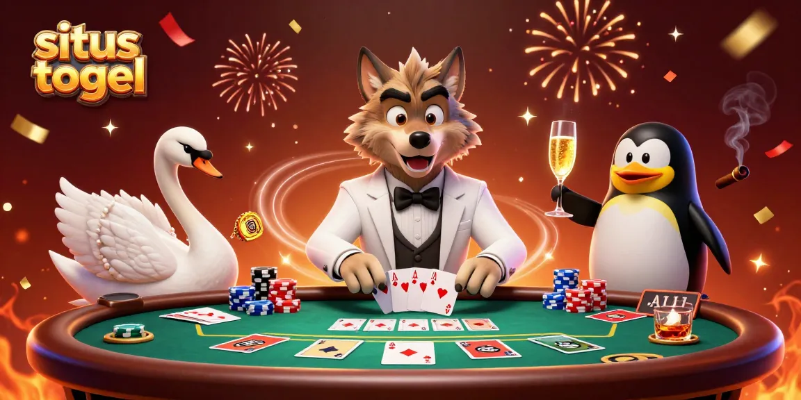 Permainan situs togel yang interaktif dengan karakter menarik, kartu, dan chip poker berwarna-warni.