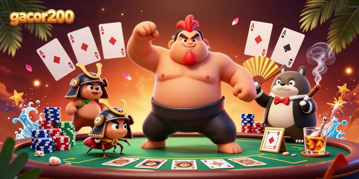 Gacor200 mempersembahkan ilustrasi animasi kasino dengan sumo yang kuat, serangga samurai, dan elemen poker menarik.