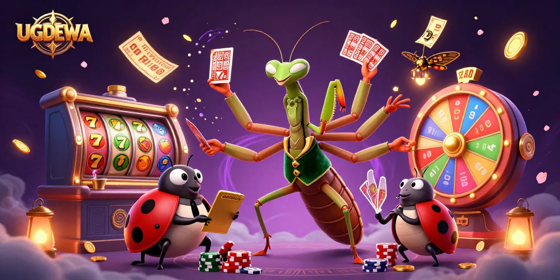 Experience thrilling action with UGDEWA as a giant mantis deals cards and jackpot spins in this vibrant casino scene.