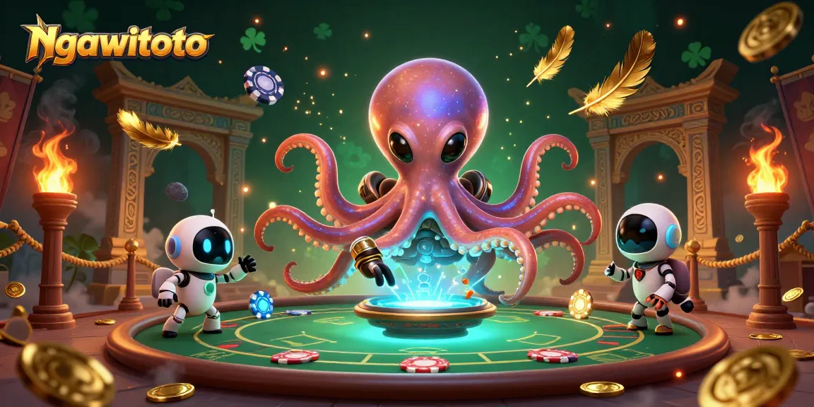 Ngawitoto menampilkan alien gurita yang sedang bermain poker holografis dan robot kecil, dikelilingi oleh koin emas.