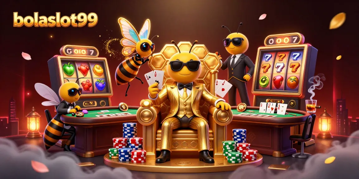 Bolaslot99's 3D casino illustration shows a mob boss enjoying a jackpot amidst colorful slot elements.