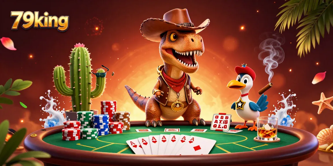 Engage in thrilling poker action with 79king's vibrant, cartoon-style casino scene.