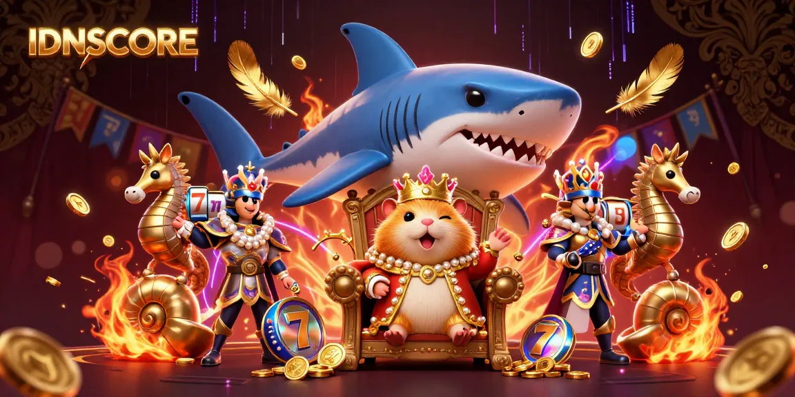 IDNSCORE thrills with an exciting scene of a golden hamster king on a shark tooth throne surrounded by slot machines.