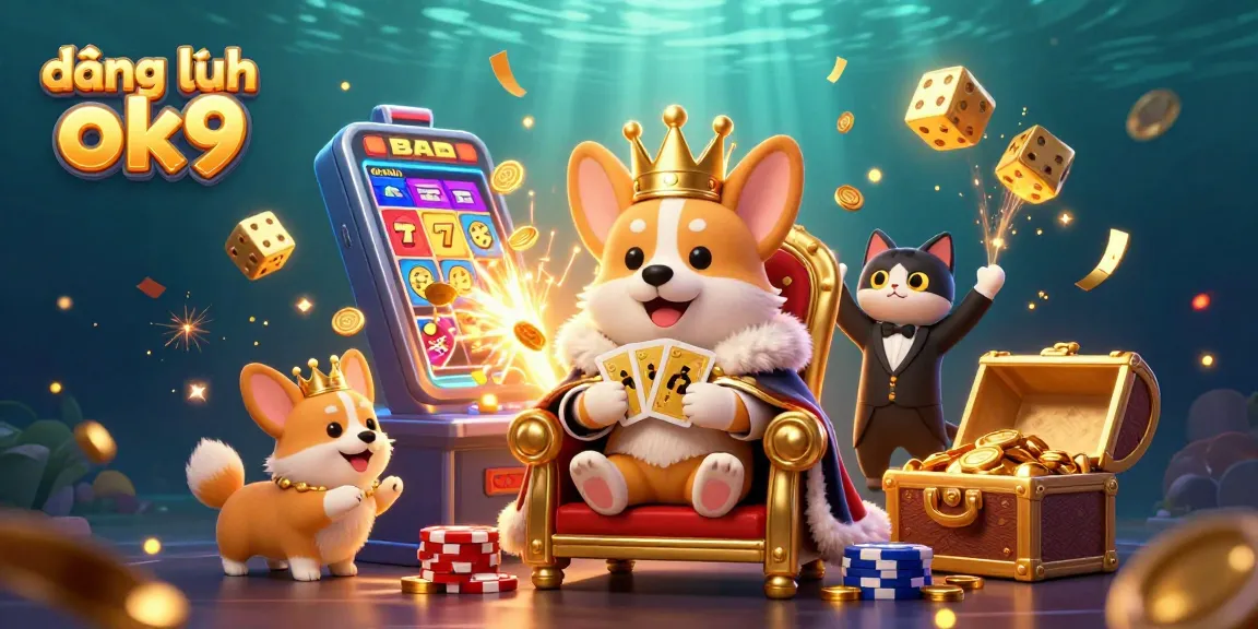 Experience excitement with đăng nhập ok9, a vibrant casino scene featuring a royal corgi, treasure, and sparkling game elements.