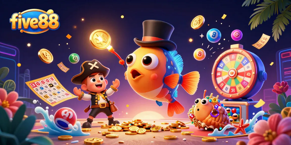 Engage in winning strategies at five88 with a vibrant 3D illustration featuring fantastic underwater casino characters.