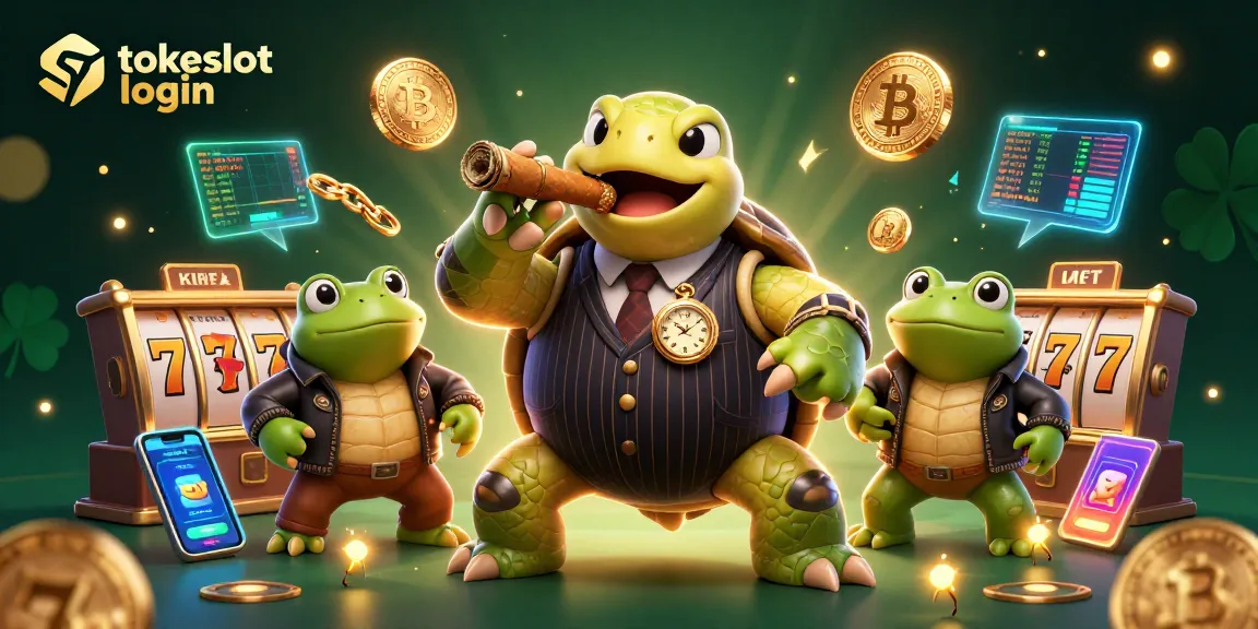 Tokeslot login offers a dynamic gambling experience with a snapping turtle mobster and bullfrog enforcers amid slot reels.