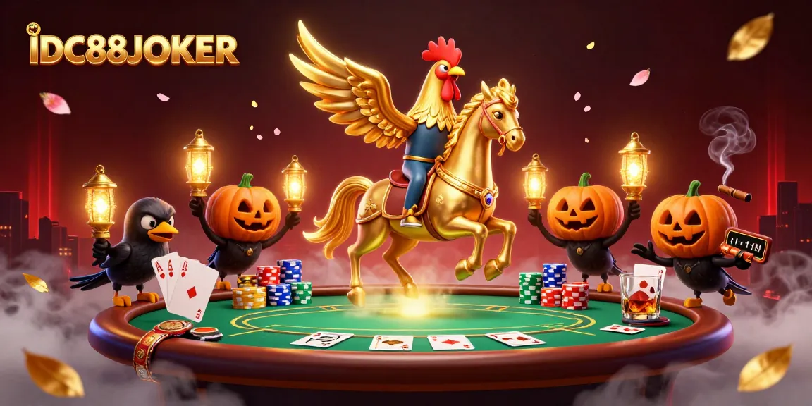 Engaging scene of IDC88JOKER showcasing a golden rooster rider in a vibrant casino atmosphere.
