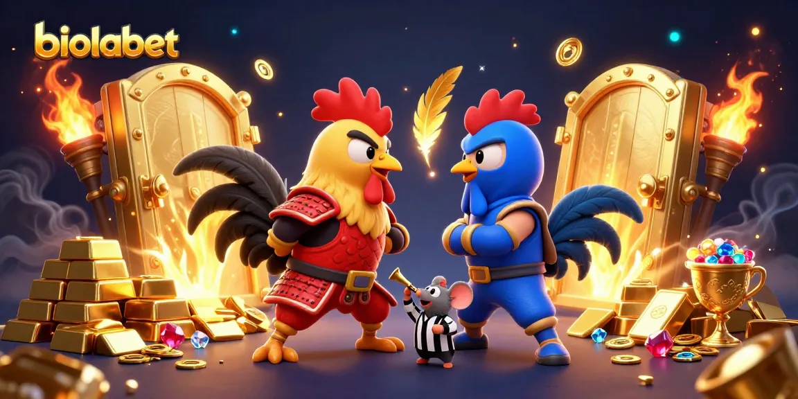Permainan seru di BIOLABET dengan ayam aduan bertarung di arena, penuh harta karun dan kegembiraan.