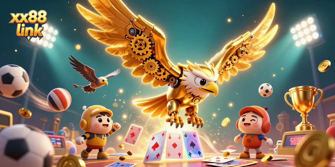 Experience the excitement of xx88 link with a dazzling digital illustration of a golden eagle amidst dynamic gaming elements.
