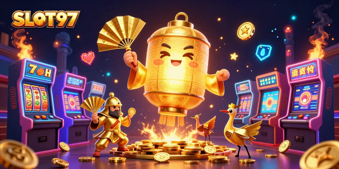 SLOT97 showcases thrilling slot games in a vibrant casino environment, featuring glowing lucky symbols and animated characters.