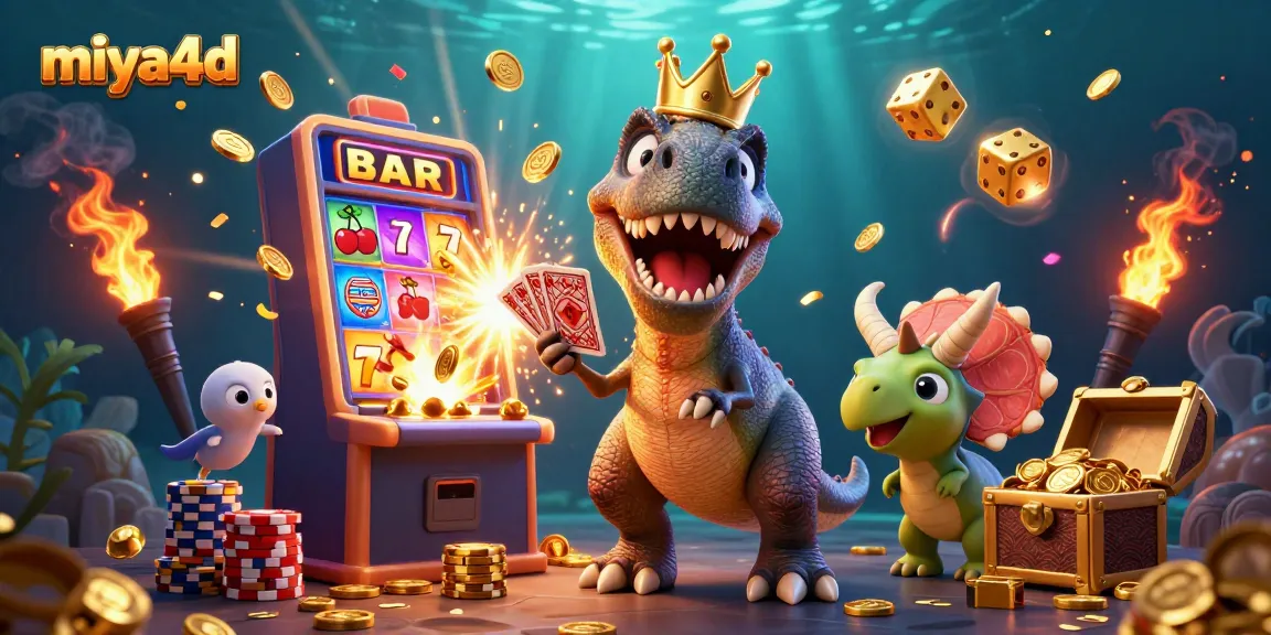 Miya4d offers thrilling casino action with a friendly dinosaur trio, a jackpot explosion, and vibrant game elements.