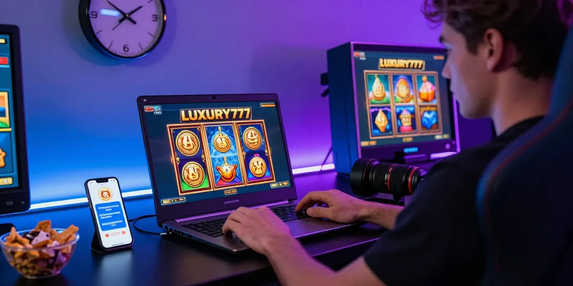 Pengguna LUXURY777 Daftar bermain di laptop dengan suasana mengasyikkan, dikelilingi game slot yang berwarna-warni.