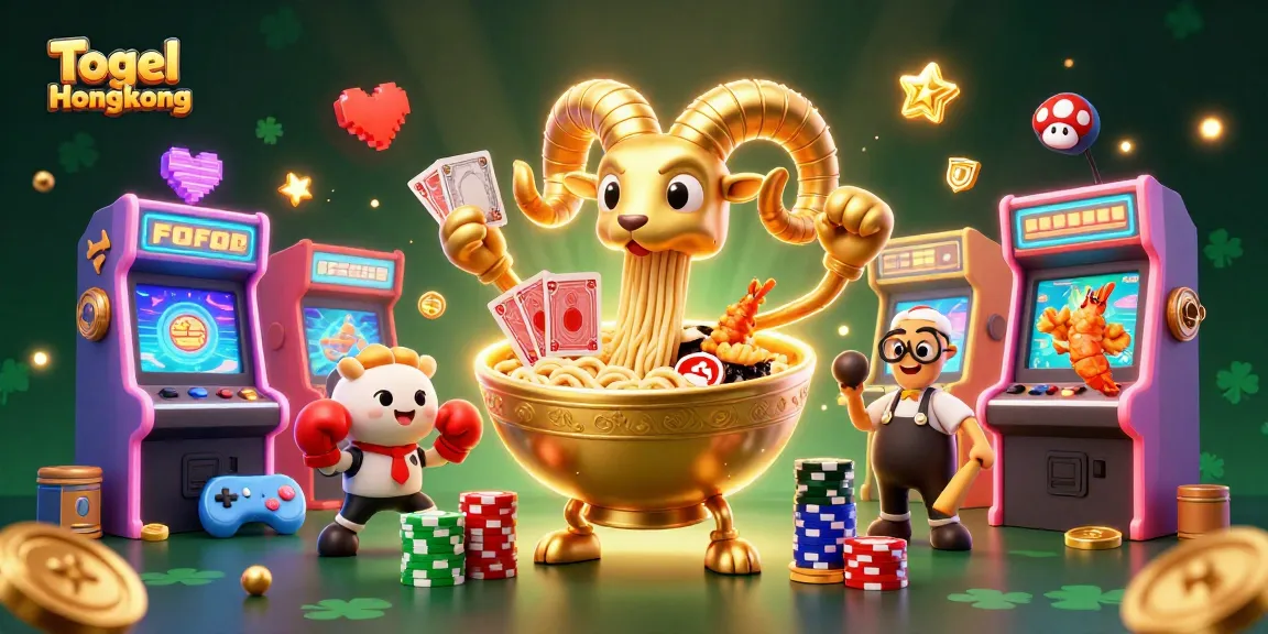Togel Hongkong game scene with a golden ramen bowl, colorful arcade machines, and animated characters