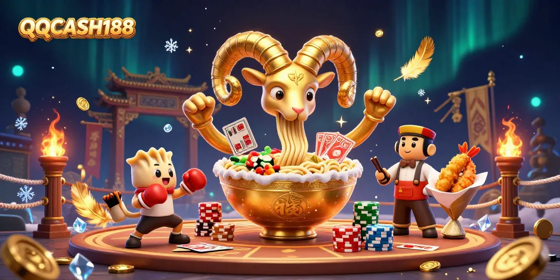 Experience the excitement of QQCASH188 with giant ramen characters dealing cards and stacking chips.