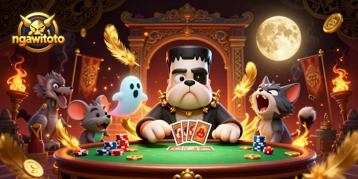 Menang taruhan dengan ngawitoto, gambar 3D menarik menampilkan karakter unik di meja taruhan.