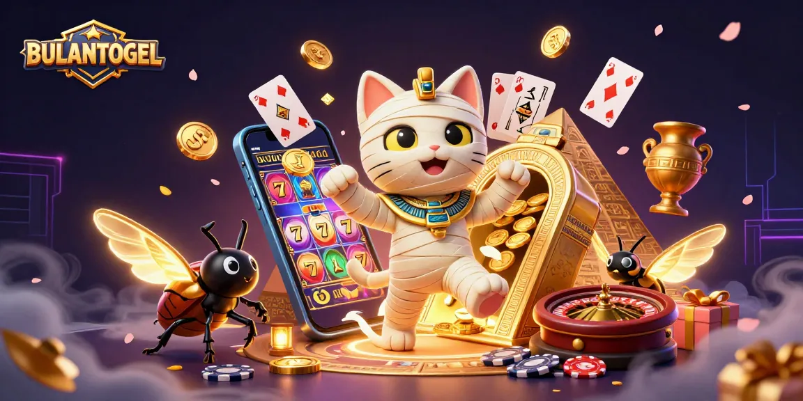 BULANTOGEL brings excitement as a mummy cat emerges from a sarcophagus, showcasing vibrant casino elements.