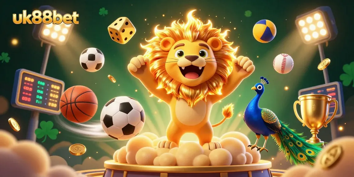 uk88bet showcases vibrant 3D casino illustration with winning sports elements dynamically arranged.