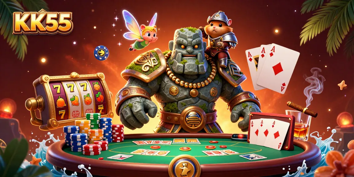 Experience thrilling gaming at KK55 with vibrant characters and colorful casino elements.