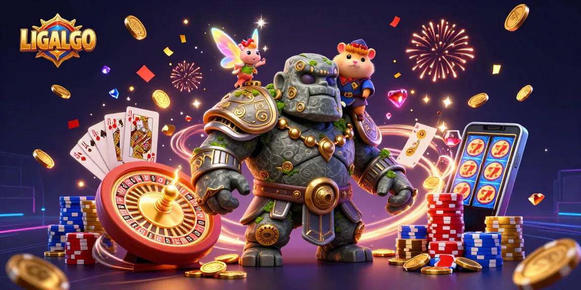 LIGALGO spins excitement as a golem guardian accompanies a knight and fairy in a vibrant casino world.