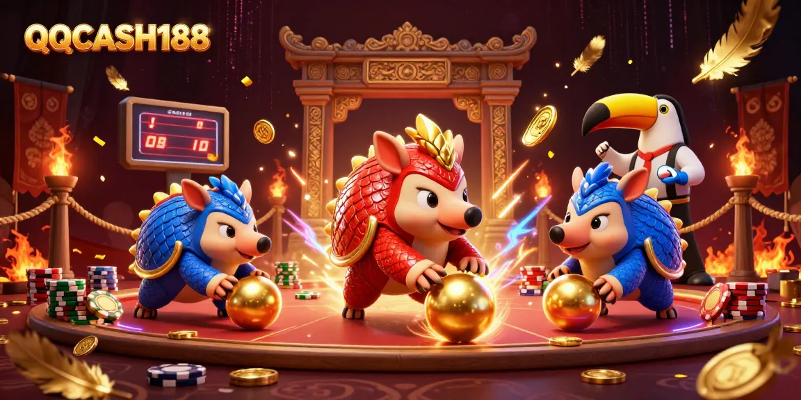 Experience high-stakes gameplay with QQCASH188, where vibrant pangolins bowl through poker chips.