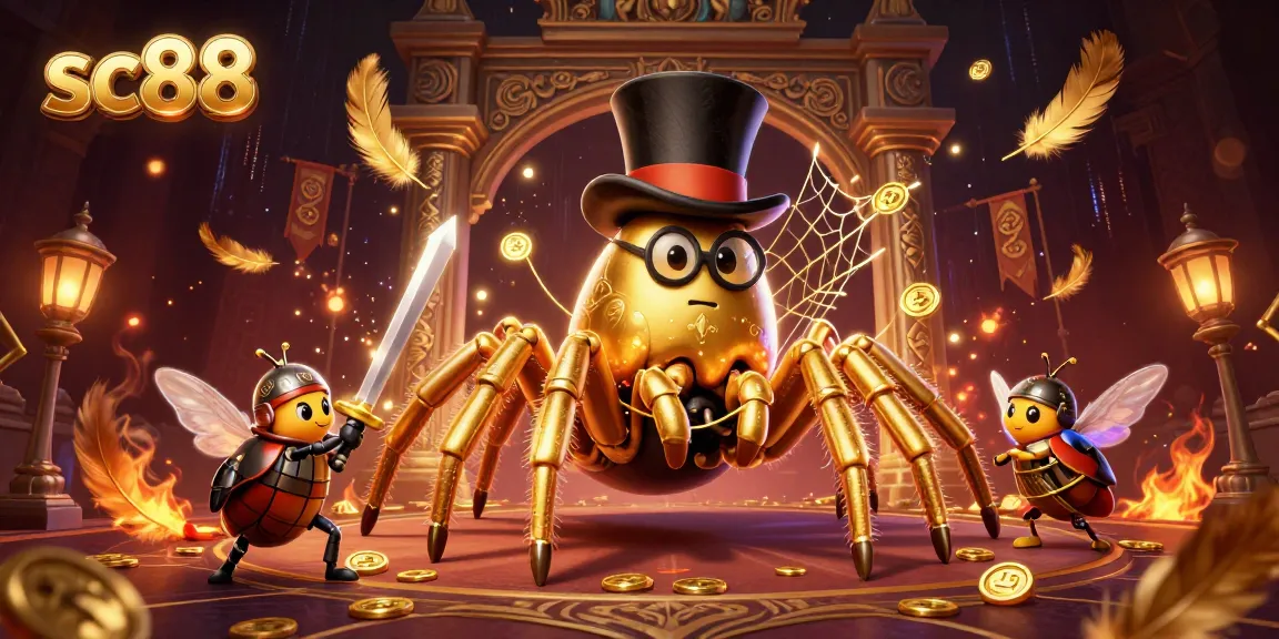 Experience thrilling gameplay at SC88 with a golden tarantula and brave beetle knight in an exciting casino scene.