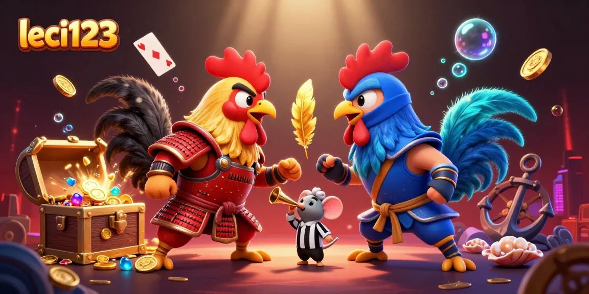 Experience thrilling gameplay with leci123 as roosters duel in a vibrant 3D digital scene.