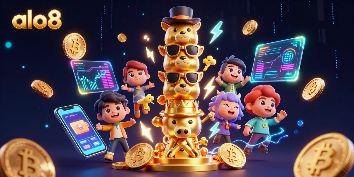 Engage with alo8's vibrant casino scene filled with animated totem poles and crypto elements.