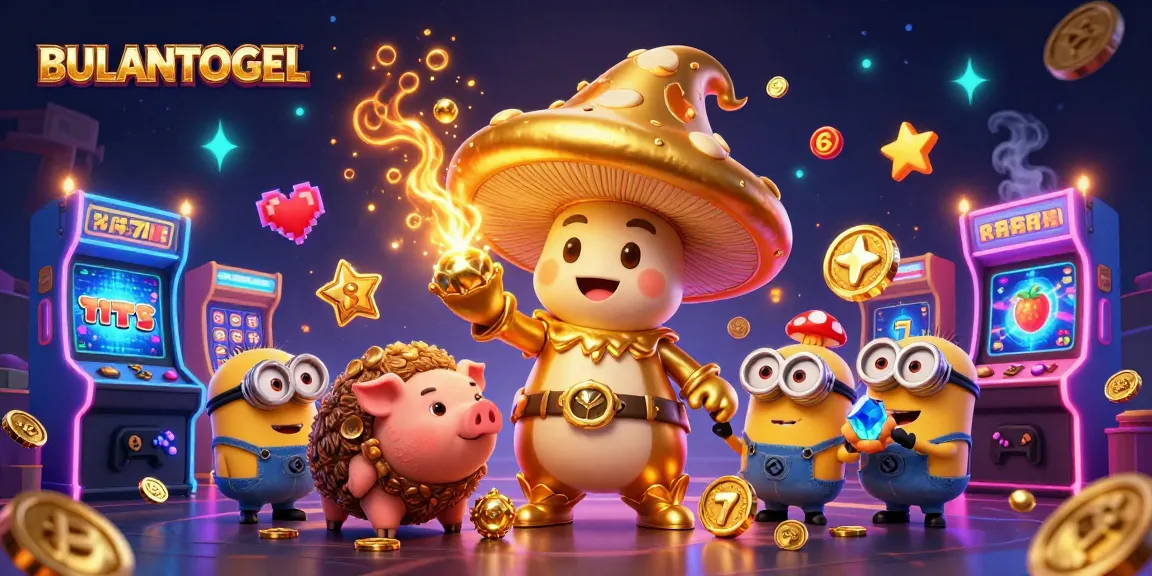 BULANTOGEL enchants with a golden mushroom wizard amidst vibrant slot machine elements and treasure.
