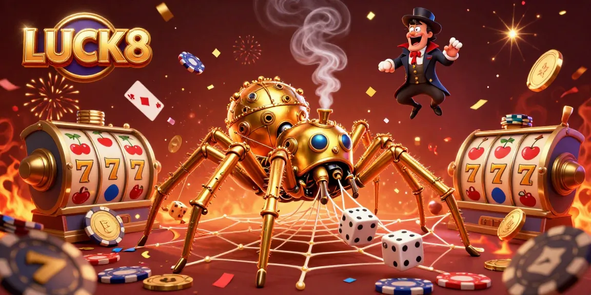 Experience LUCK8 with a steampunk-themed illustration showcasing thrilling casino elements and energetic characters.