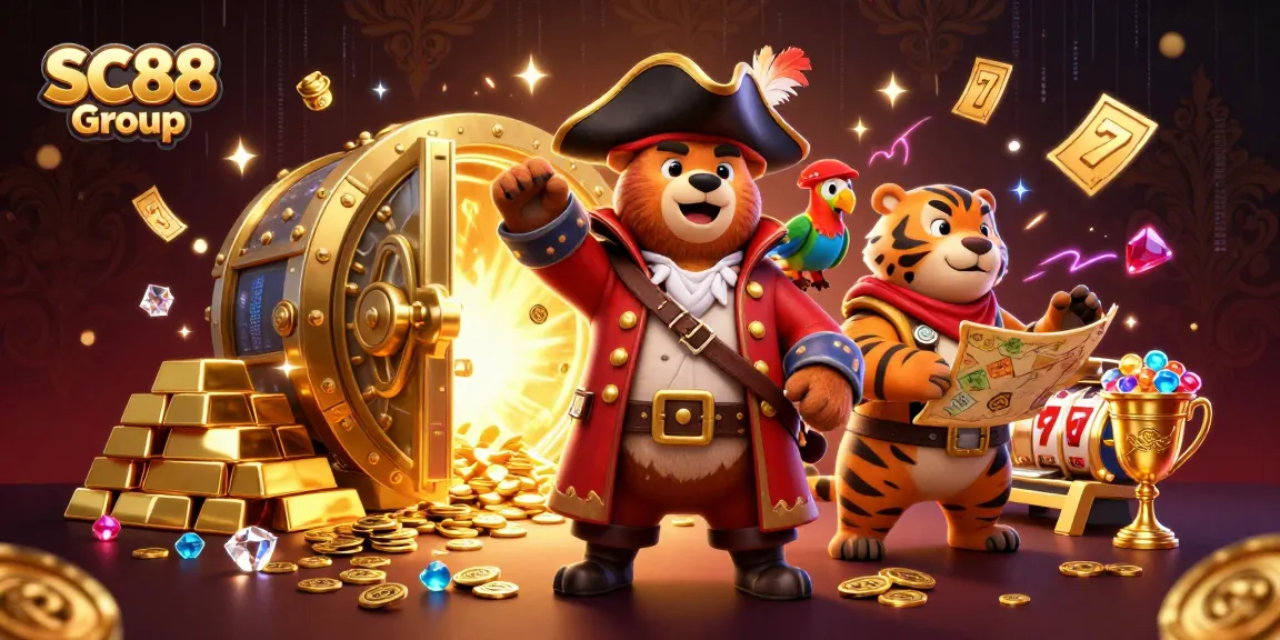 Spin the reels with SC88 Group's adventurous pirate-themed casino illustration full of treasures.