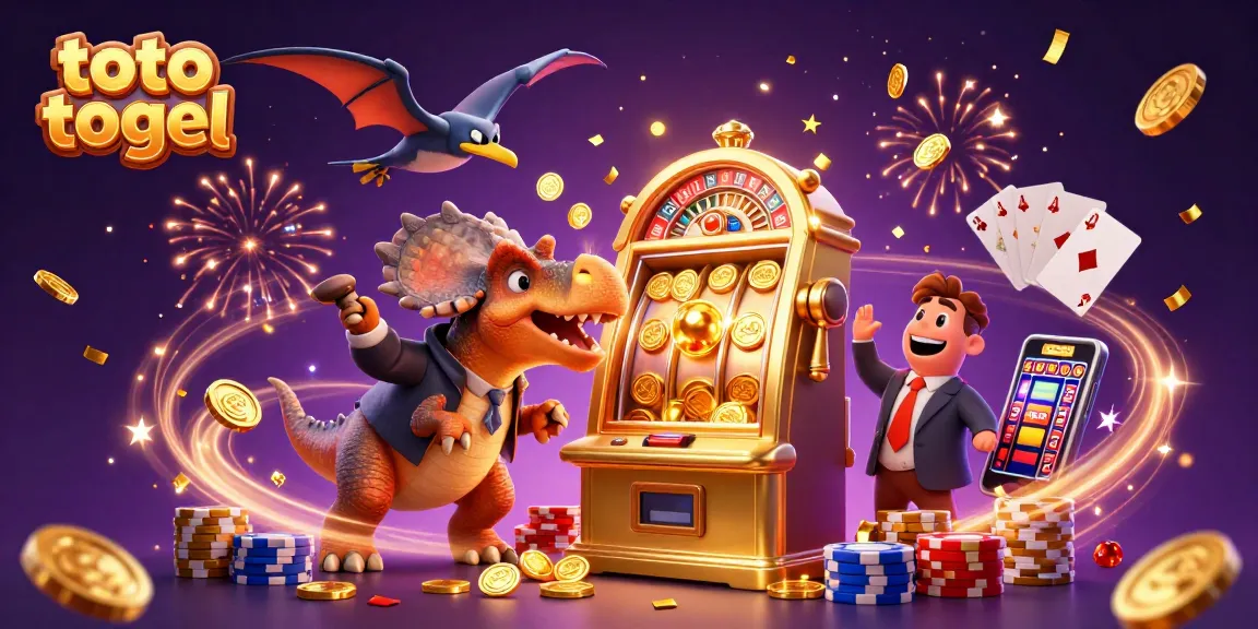 Menangkan koin jackpot di toto togel dengan kepala pachycephalosaurus dan slot machine yang mengeluarkan koin emas.