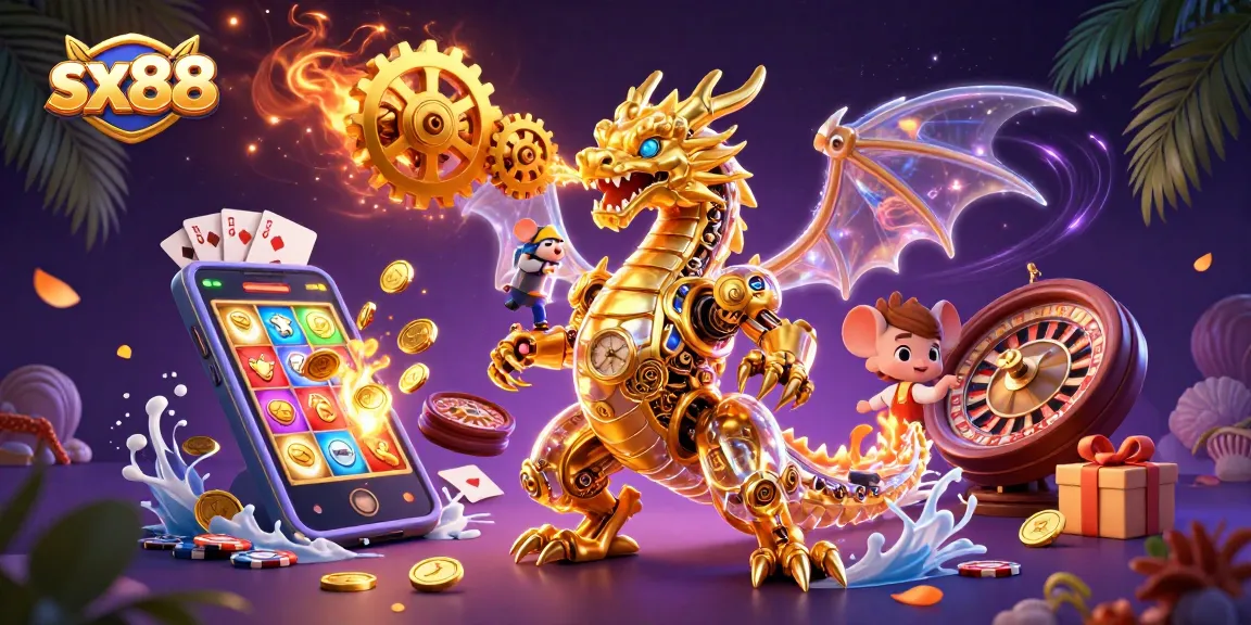 Sx88 dragon and mouse engineer optimizing a 3D slot game experience amidst gold coins and vibrant game elements.