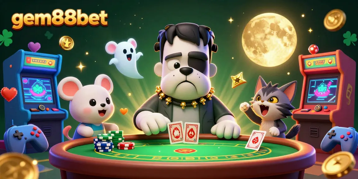 Join the excitement at gem88bet with a vivid poker scene featuring fun characters and glowing game elements.