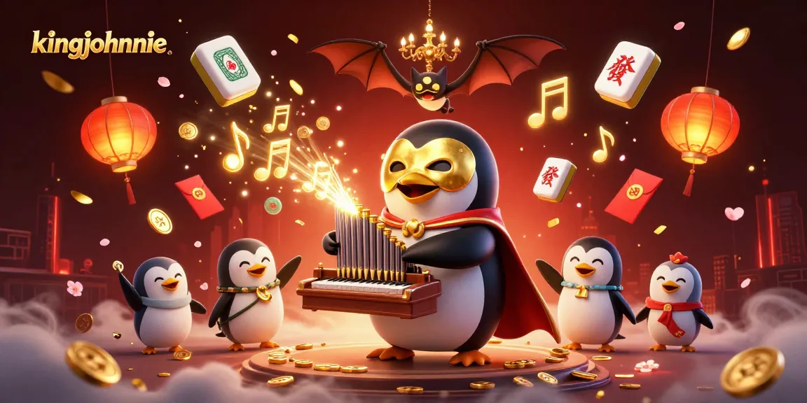 kingjohnnie brings fortune with a phantom penguin and acrobatic bat in a vibrant casino scene
