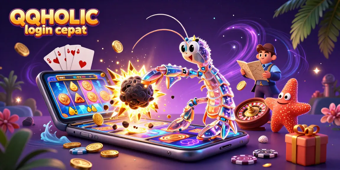 Experience QQHOLIC login cepat with dynamic animations of coins and games bursting forth.