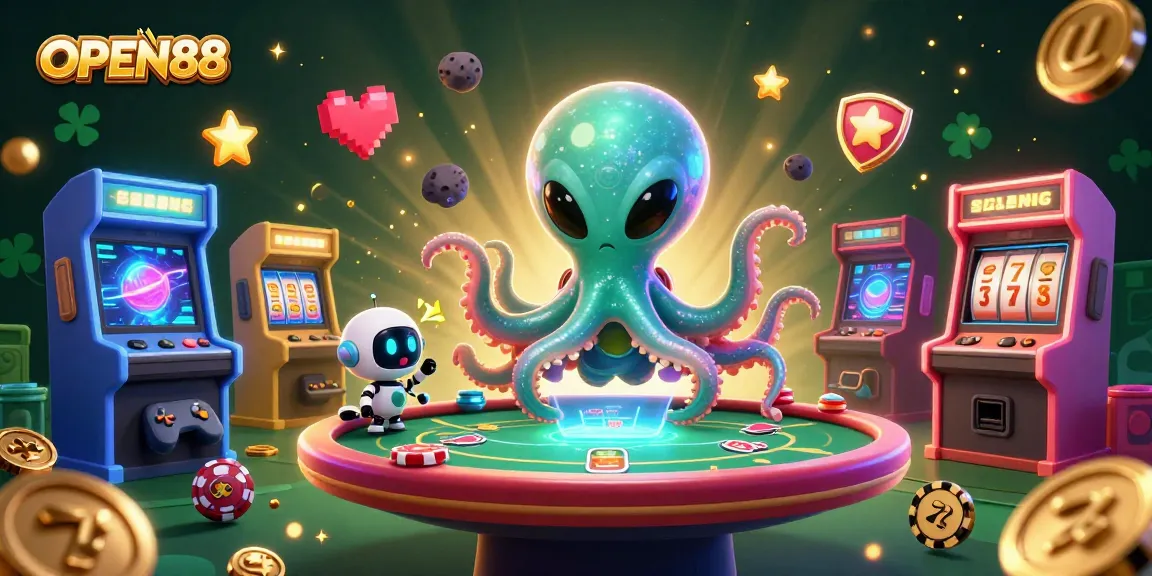 Experience OPEN88: a thrilling 3D casino scene with an alien octopus at a poker table.