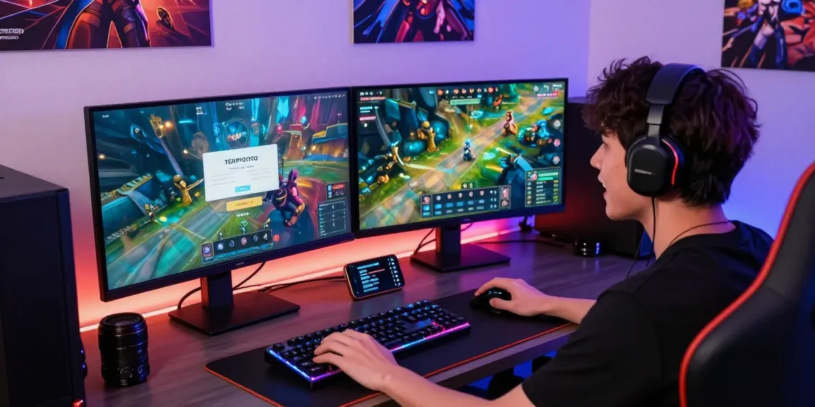 Engaged player using TEMPOTOTO login on dual monitors in a vibrant gaming atmosphere.