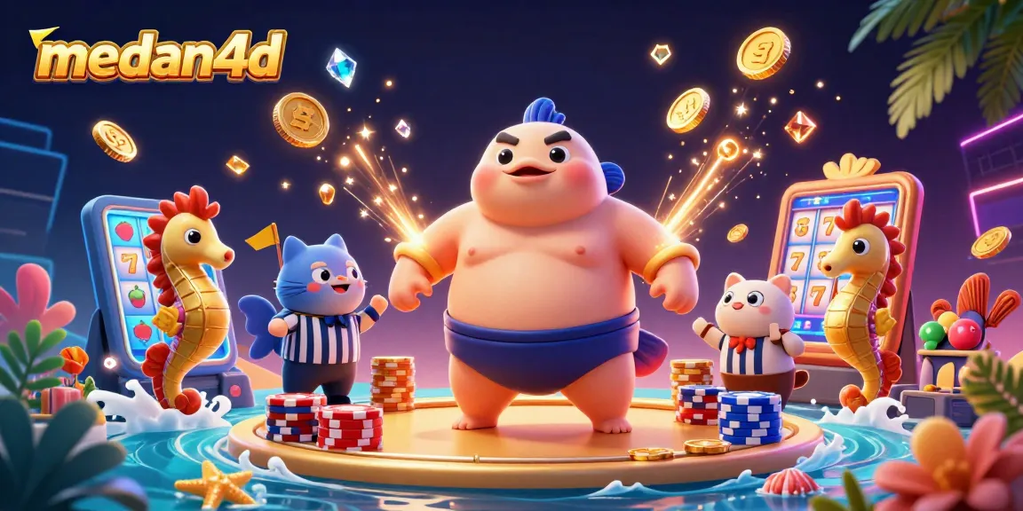 Ikon medan4d menampilkan ikan fugu raksasa bertanding di arena kasino bawah air dengan suasana meriah.