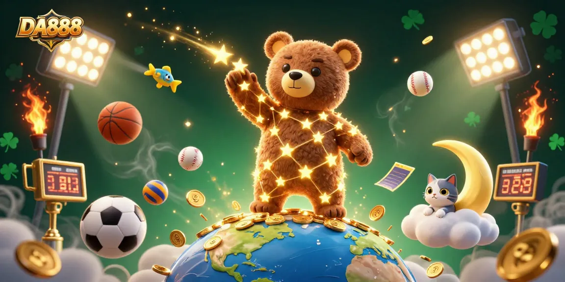 Engage with DA888's thrilling sports betting excitement featuring a vibrant 3D scene packed with stars and action.